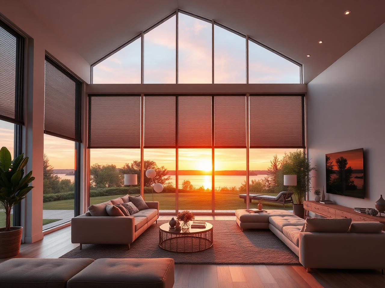 Contemporary living room with smart automated shading installations